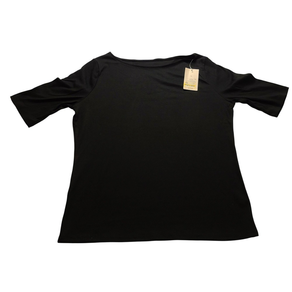 A New Day Women's Modern Rib Boat Neck Elbow Sleeve Top Black XL Ribbed Knit NWT